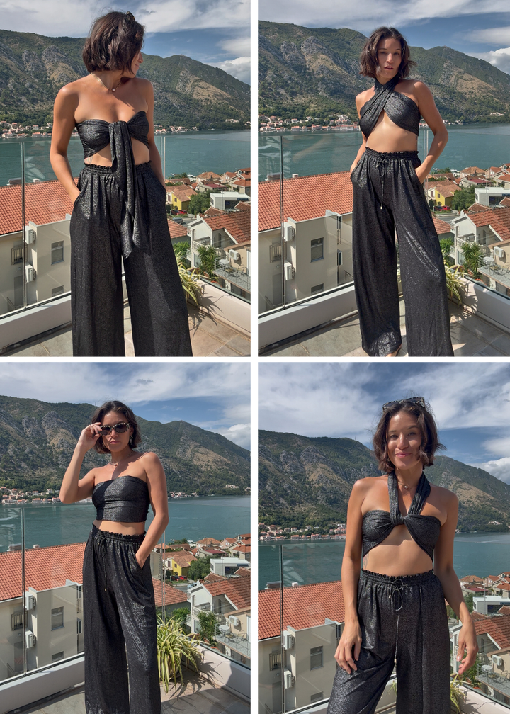 Wailea wrap midnight on model in Mediterranean coast front | Model wears size O/S • 5'6" • US6